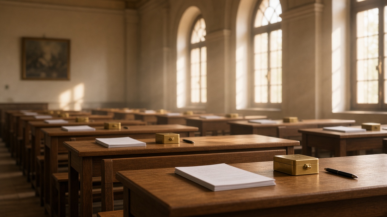 Sunlit examination hall with empty wooden desks and closed question booklets