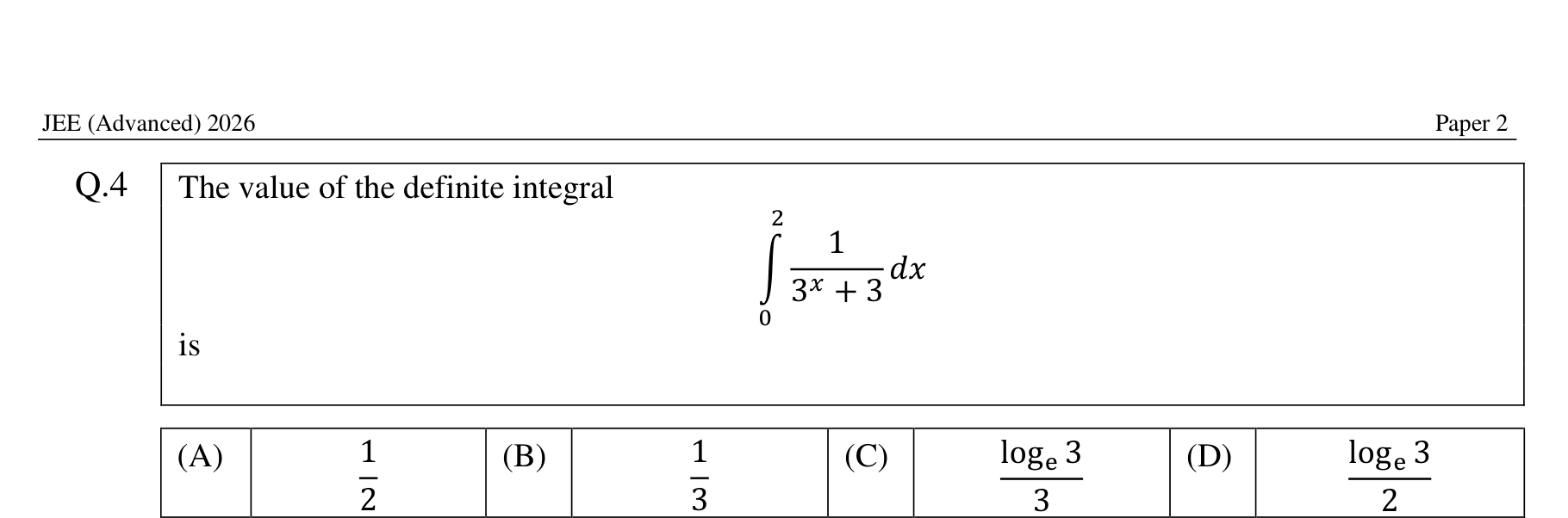Official JEE Advanced 2026 Paper 2 Mathematics question 4, a definite integral from 0 to 2 of 1 over 3 to the x plus 3
