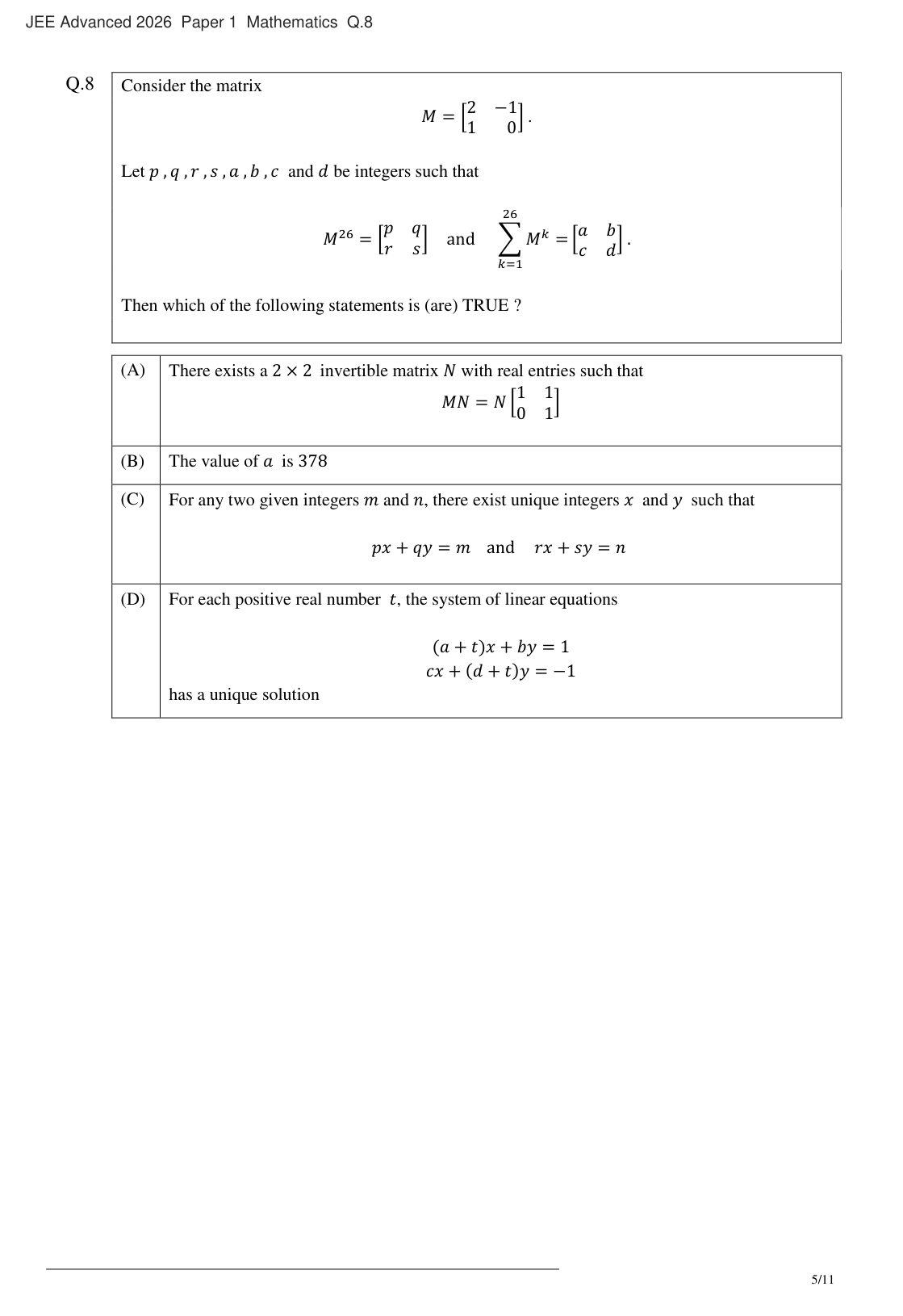 JEE Advanced 2026 Paper 1 Mathematics question 8