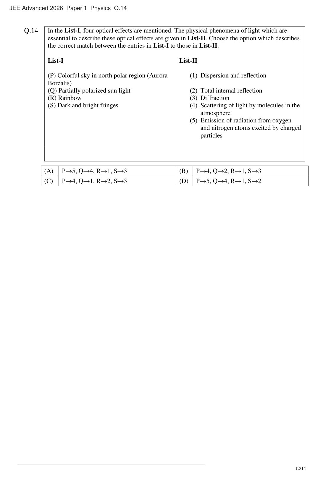 JEE Advanced 2026 Paper 1 Physics question 14
