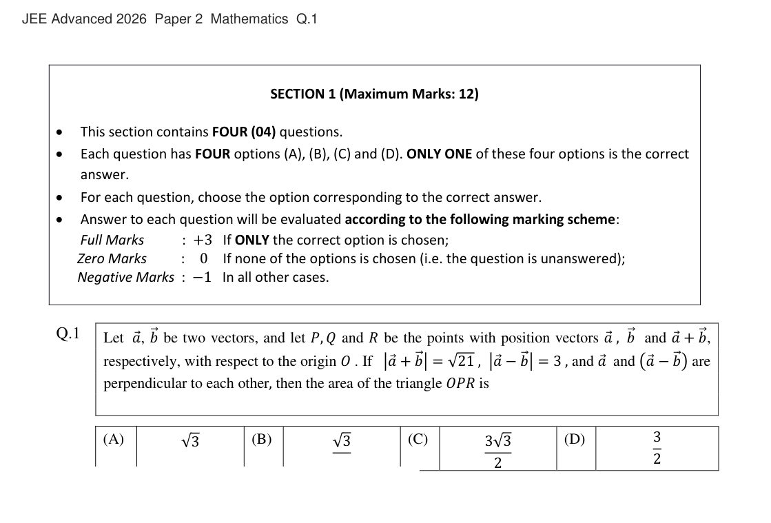 JEE Advanced 2026 Paper 2 Mathematics question 1
