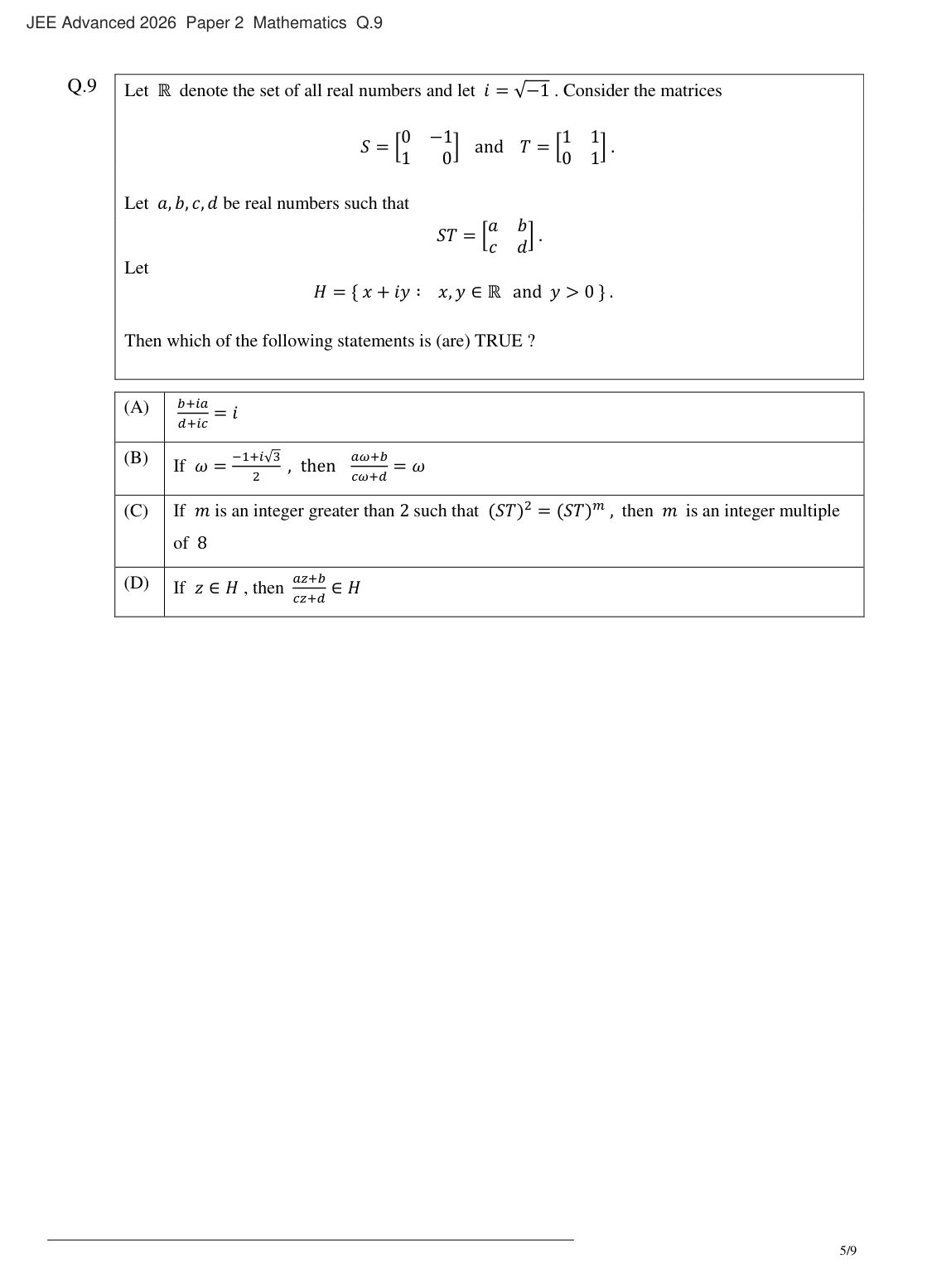 JEE Advanced 2026 Paper 2 Mathematics question 9
