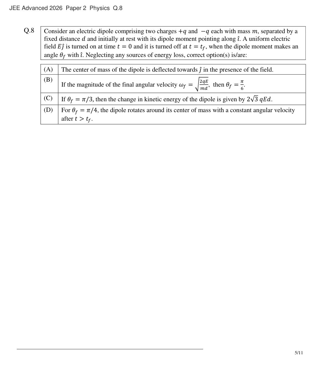 JEE Advanced 2026 Paper 2 Physics question 8