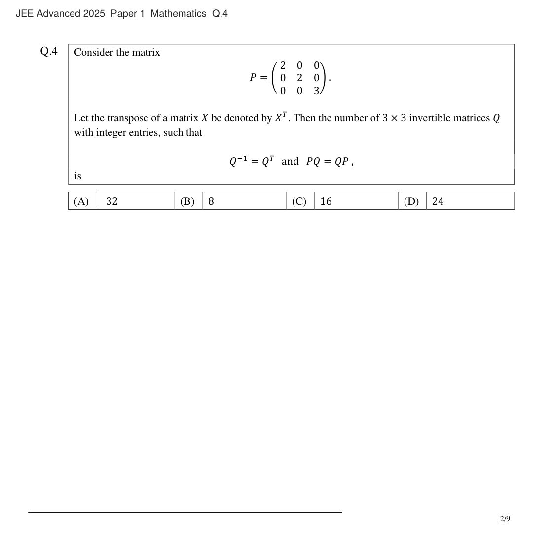 JEE Advanced 2025 Paper 1 Mathematics question 4