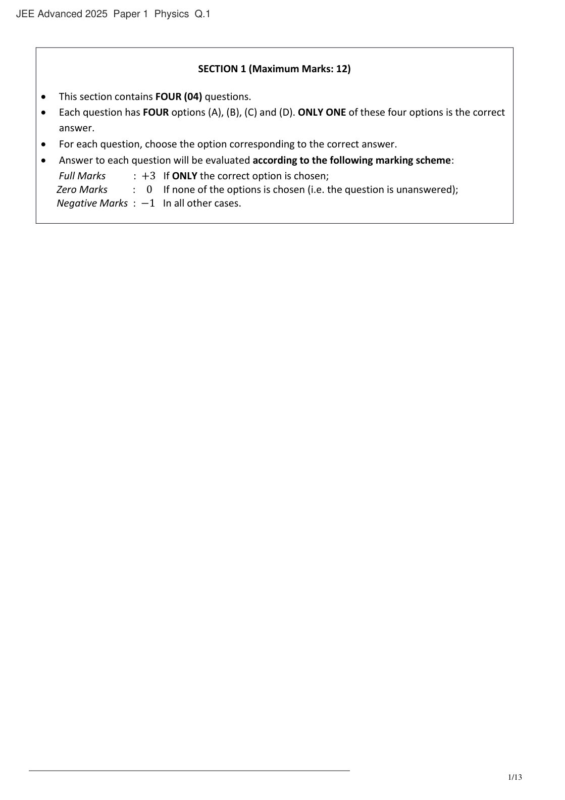 JEE Advanced 2025 Paper 1 Physics question 1, page 1