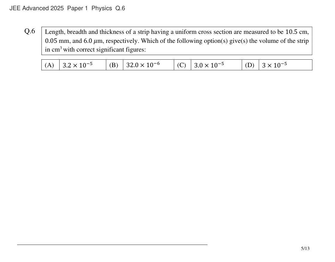 JEE Advanced 2025 Paper 1 Physics question 6