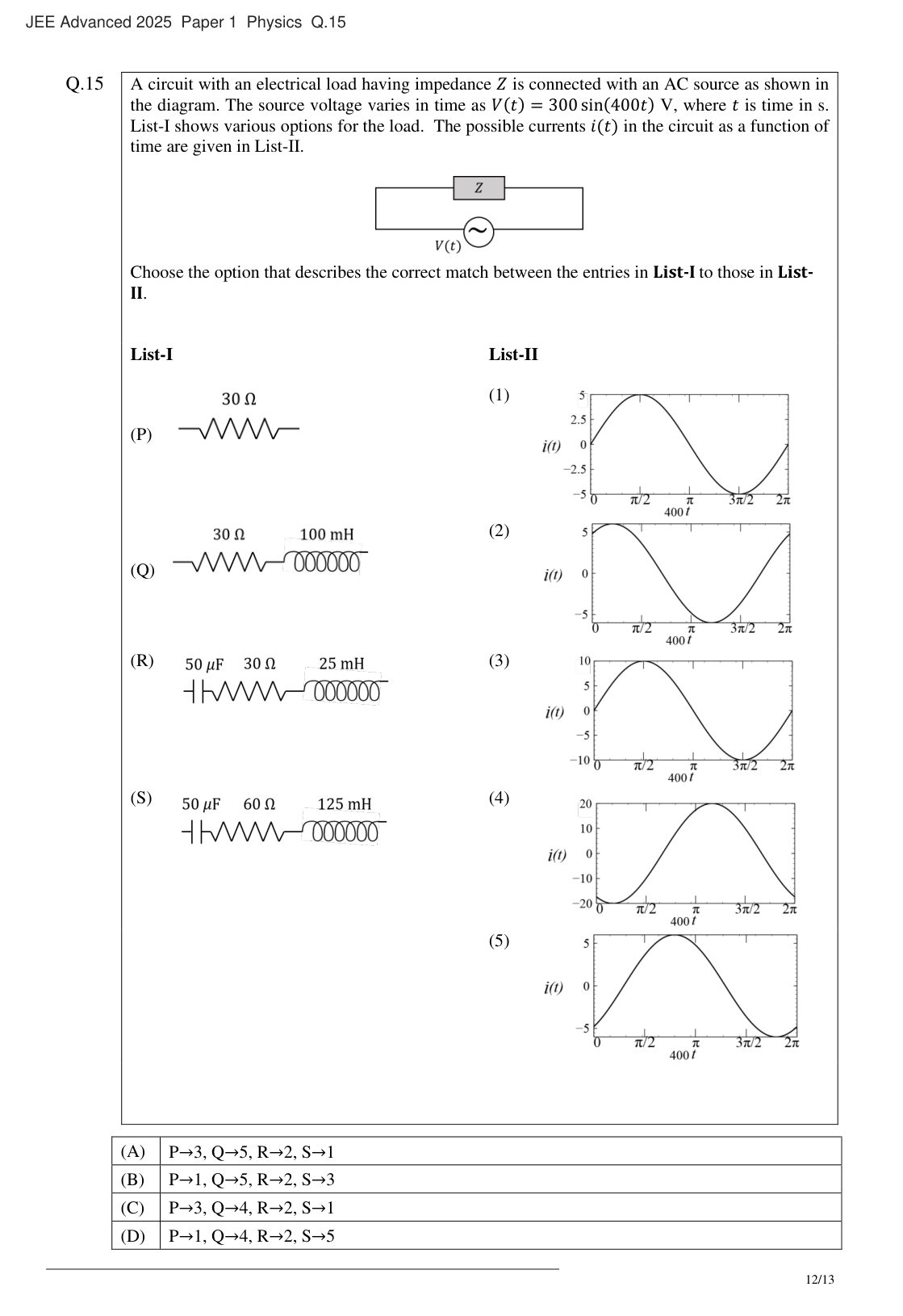 JEE Advanced 2025 Paper 1 Physics question 15, page 1